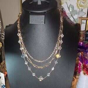 Gold Multi-Strand Beaded Necklace with Crystal Accents
